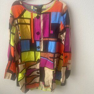 Ali Miles Knit JacketRoll Tap Sleeve Peplum Modernist Print Langen-look Size S